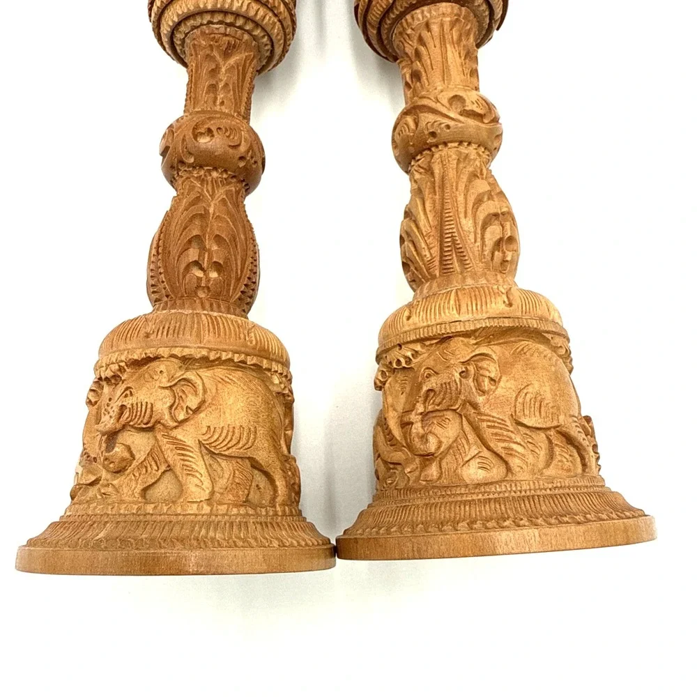 Pair Hand Carved‎ Wooden Flower Bud Vase Elephants Lions Home Garden Decor Art